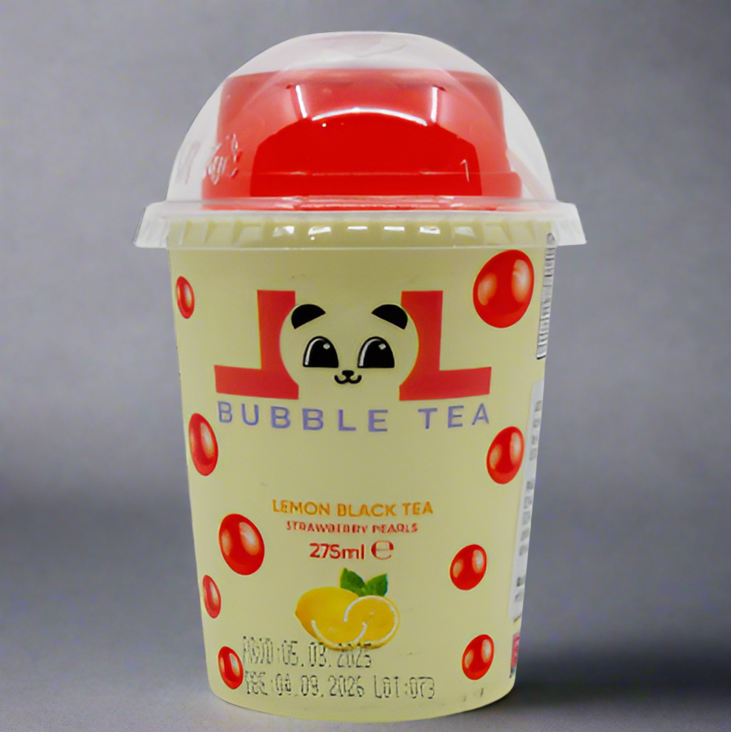 Bubble tea cup with red lid and lemon black tea strawberry pearls label on a white background