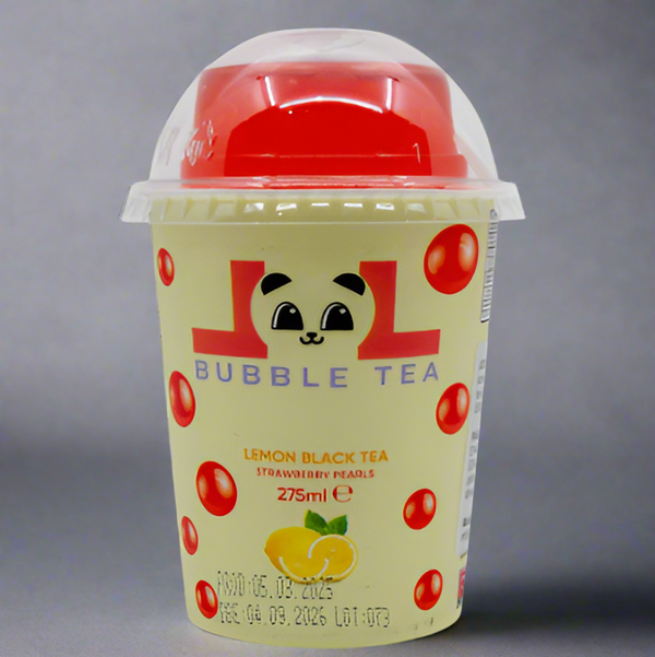 Bubble tea cup with red lid and lemon black tea strawberry pearls label on a white background