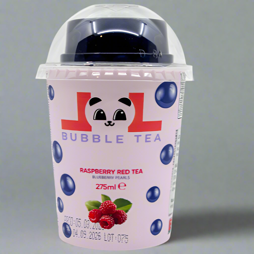 Bubble tea cup with a cartoon panda design on a gray background