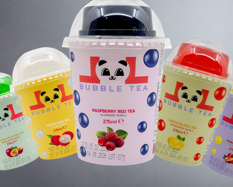 Bubble tea cups with colorful lids and a panda design, featuring text 'Join the bubble revolution!'.