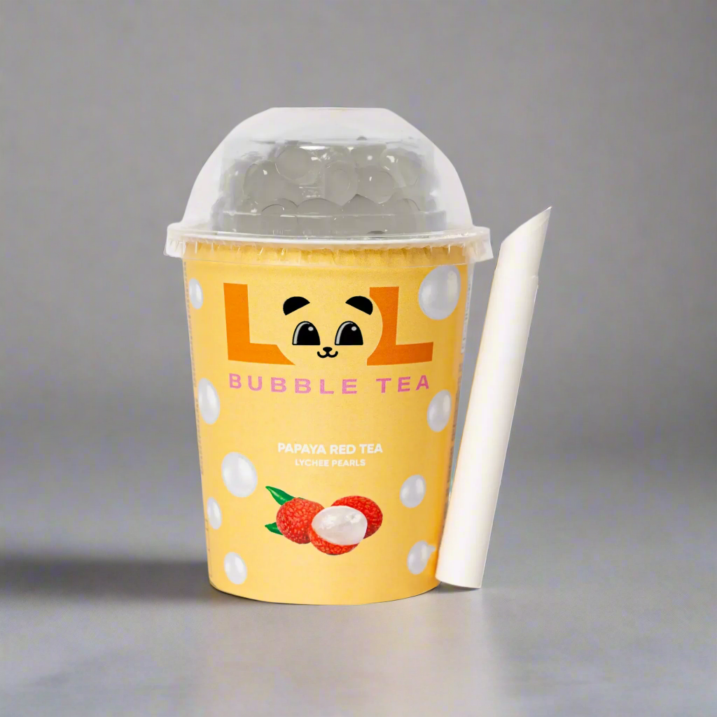 PAPAYA RED BUBBLE TEA WITH LYCHEE FLAVOUR POPPING BUBBLES